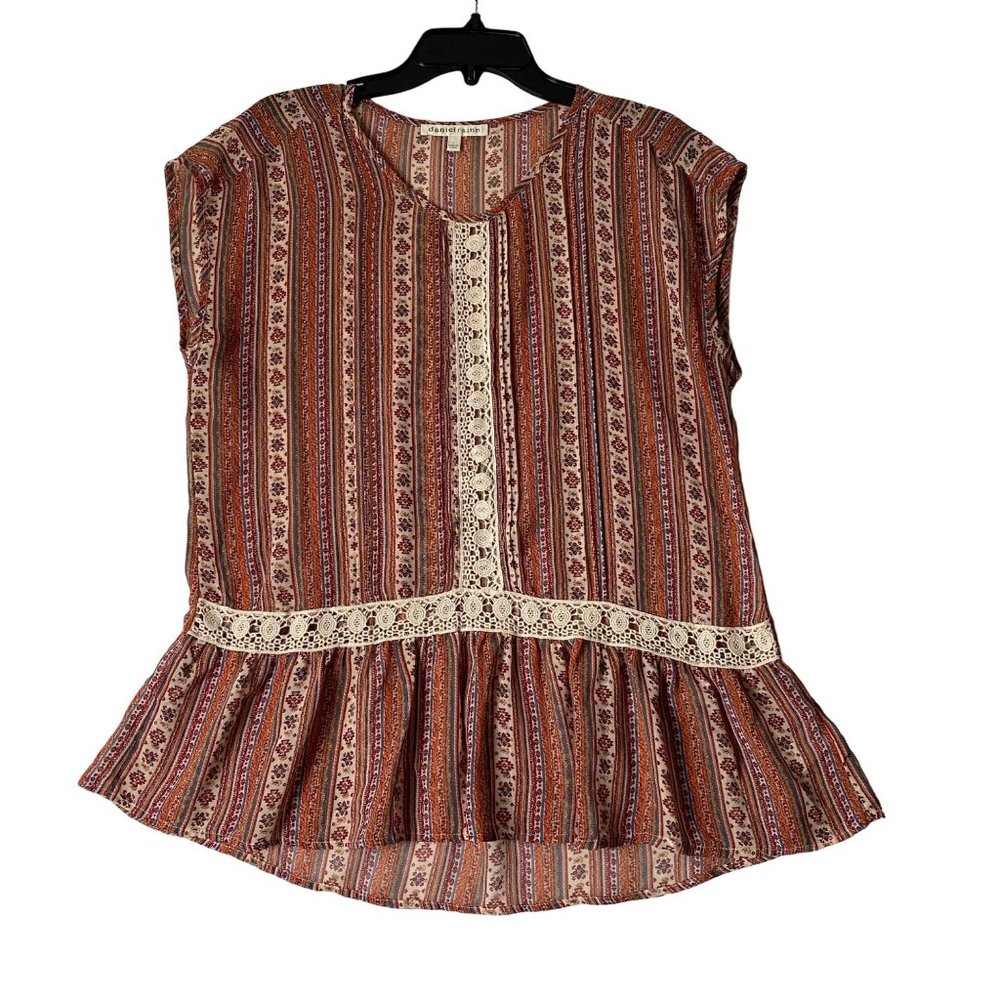 Daniel Rainn Blouse Women Large Red Sleeveless Crochet Boho Bohemian Stripe